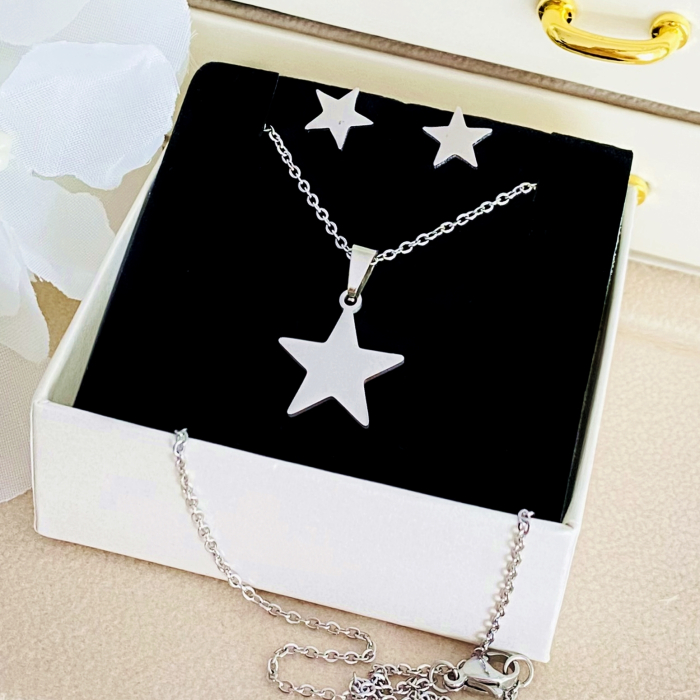Set Colier & Cercei Stele Argintii - Otel Inoxidabil, Bijuterii Inox, Cadouri Femei [4]