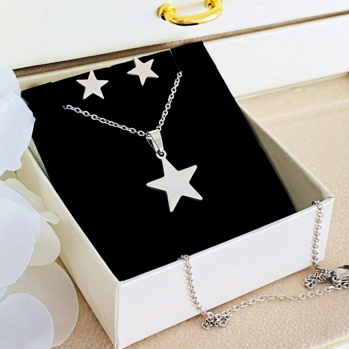 Set Colier & Cercei Stele Argintii - Otel Inoxidabil, Bijuterii Inox, Cadouri Femei [3]