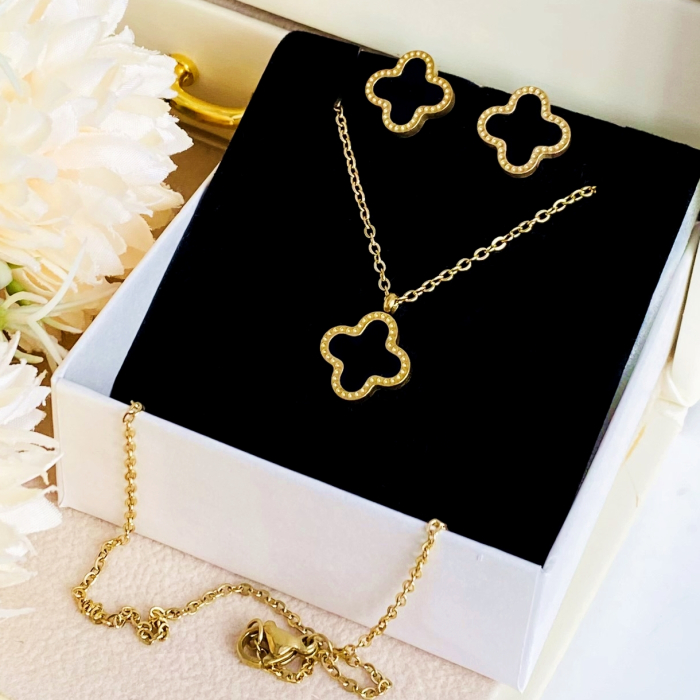 Set Colier & Cercei Trifoi Negru - Otel Inoxidabil, Bijuterii Inox, Cadouri Femei [5]