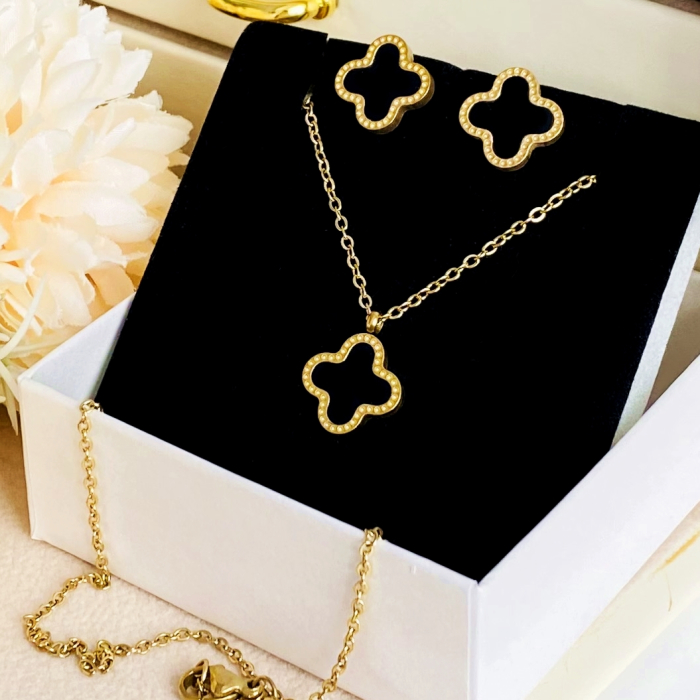 Set Colier & Cercei Trifoi Negru - Otel Inoxidabil, Bijuterii Inox, Cadouri Femei [2]