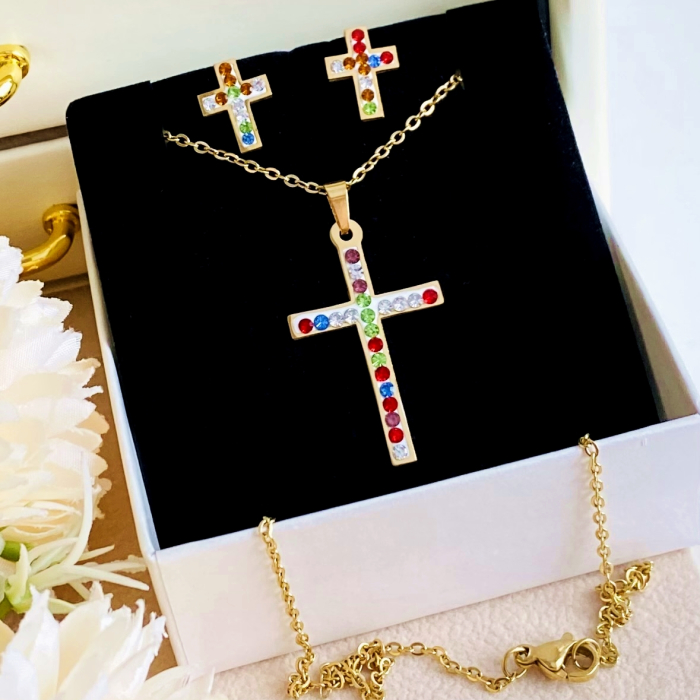 Set Colier & Cercei Cruciulite Colorate - Otel Inoxidabil, Bijuterii Inox, Cadouri Femei [2]