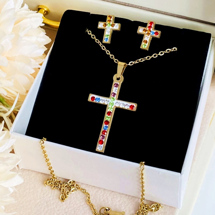 Set Colier & Cercei Cruciulite Colorate - Otel Inoxidabil, Bijuterii Inox, Cadouri Femei [4]