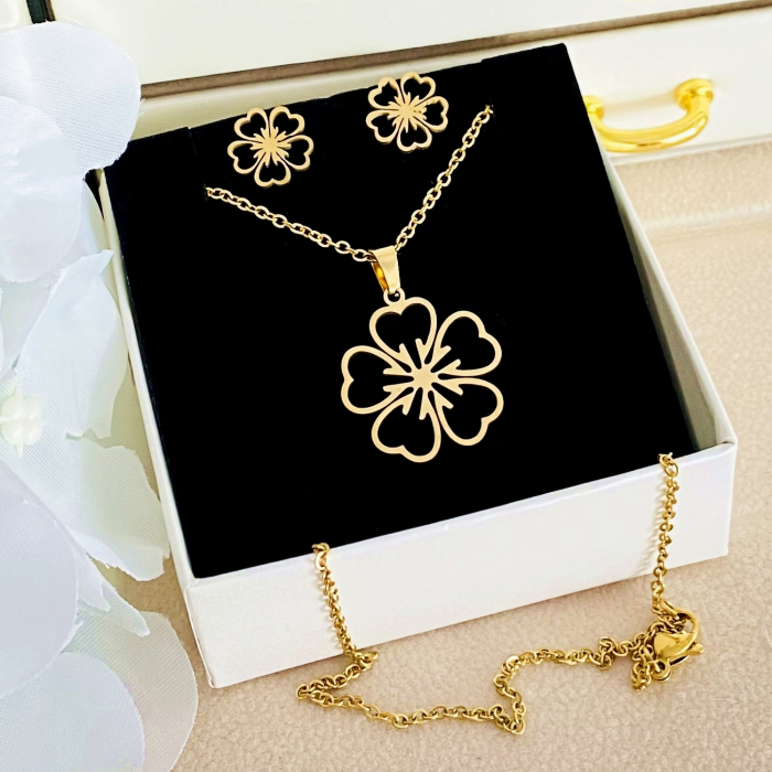 Set Colier & Cercei Flori Aurii - Otel Inoxidabil, Bijuterii Inox, Cadouri Femei [4]