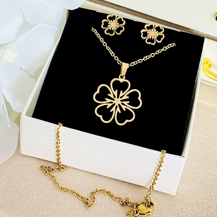 Set Colier & Cercei Flori Aurii - Otel Inoxidabil, Bijuterii Inox, Cadouri Femei [3]