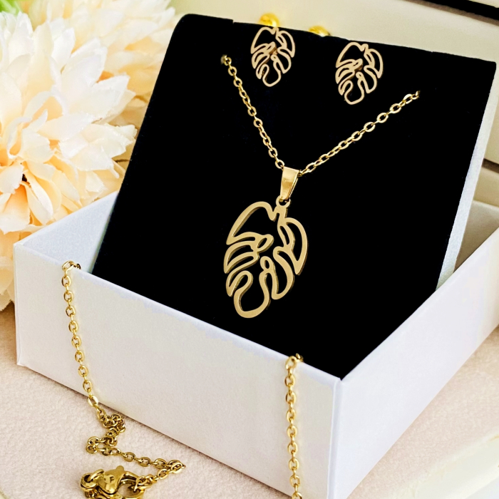 Set Colier & Cercei Monstera - Otel Inoxidabil, Bijuterii Inox, Cadouri Femei [2]