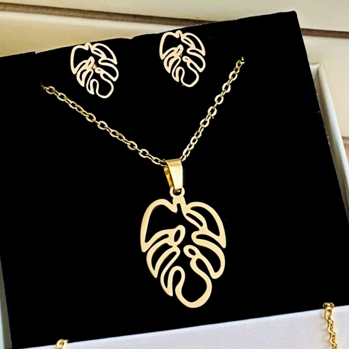 Set Colier & Cercei Monstera - Otel Inoxidabil, Bijuterii Inox, Cadouri Femei [1]