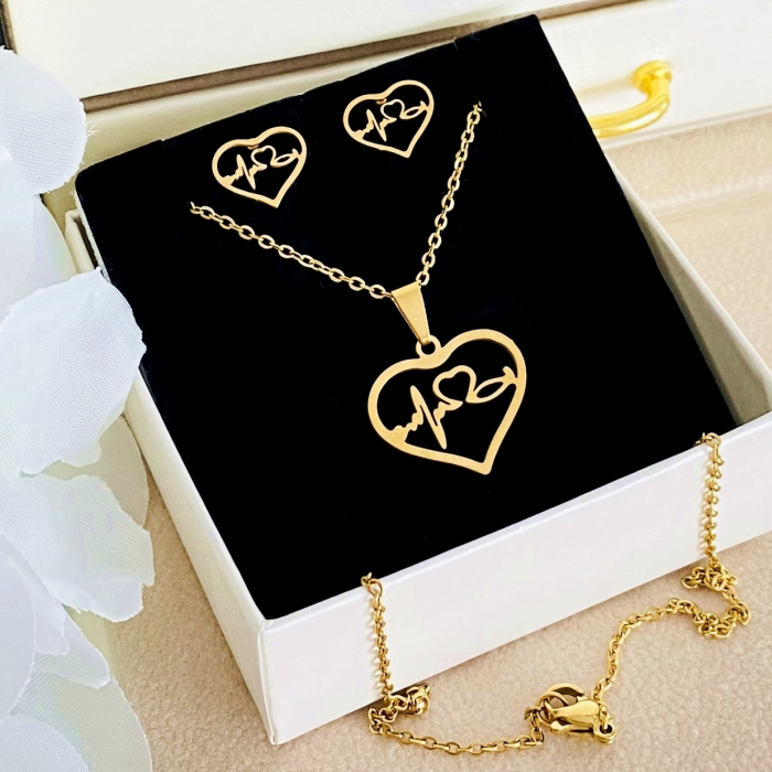 Set Colier & Cercei Inima Aurie - Otel Inoxidabil, Bijuterii Inox, Cadouri Femei [4]