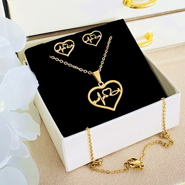 Set Colier & Cercei Inima Aurie - Otel Inoxidabil, Bijuterii Inox, Cadouri Femei [2]