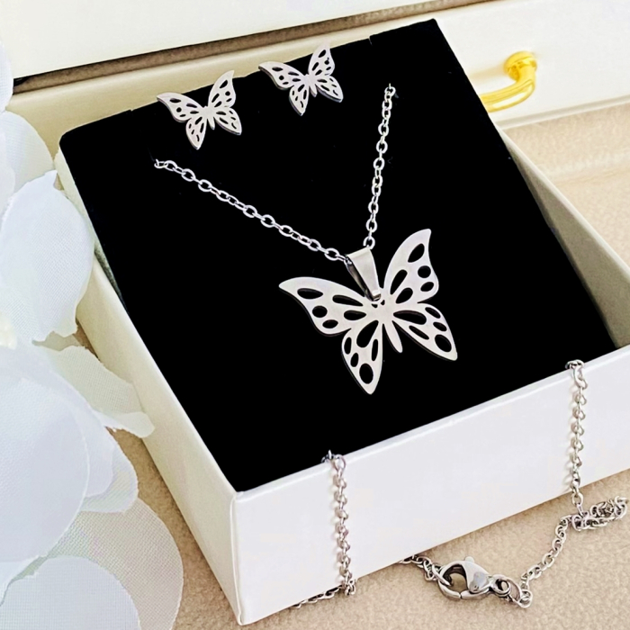 Set Colier & Cercei Fluturi Argintii - Otel Inoxidabil, Bijuterii Inox, Cadouri Femei [2]