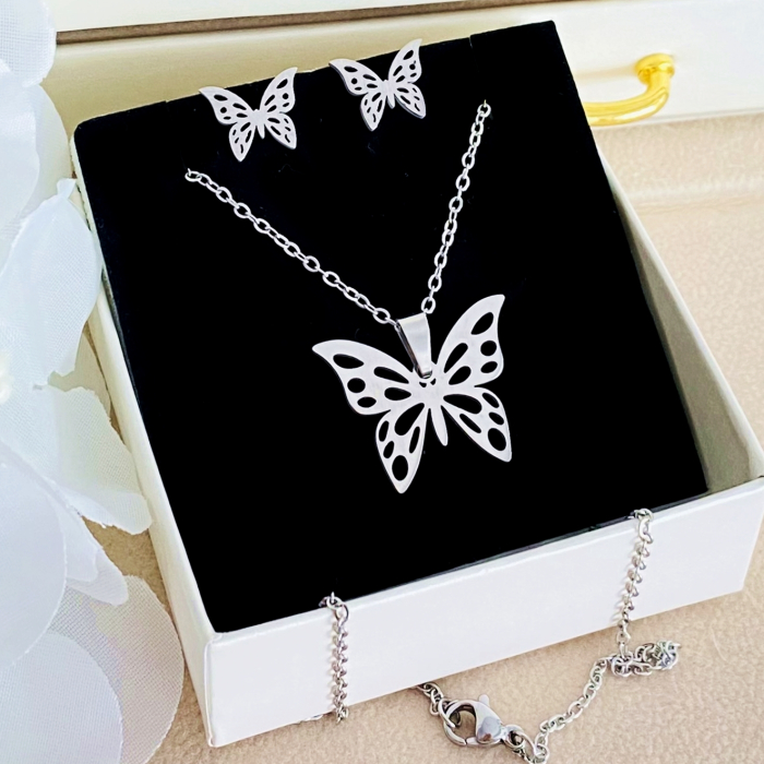 Set Colier & Cercei Fluturi Argintii - Otel Inoxidabil, Bijuterii Inox, Cadouri Femei [3]