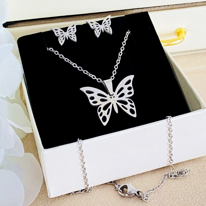 Set Colier & Cercei Fluturi Argintii - Otel Inoxidabil, Bijuterii Inox, Cadouri Femei [4]