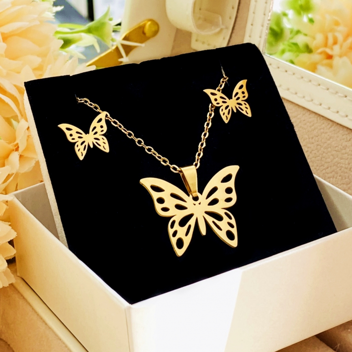 Set Colier & Cercei Fluturi Aurii - Otel Inoxidabil, Bijuterii Inox, Cadouri Femei [3]