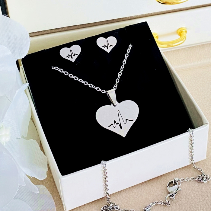 Set Colier & Cercei Inima Puls - Otel Inoxidabil, Bijuterii Inox, Cadouri Femei [2]