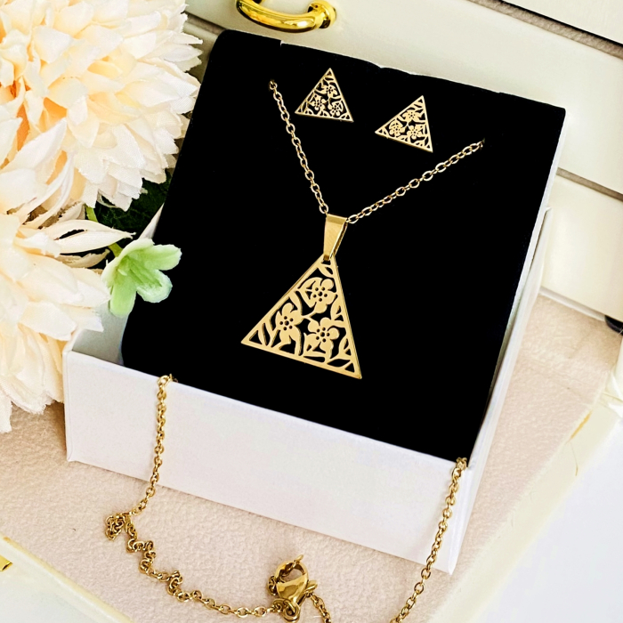 Set Colier & Cercei Triunghi Floral - Otel Inoxidabil, Bijuterii Inox, Cadouri Femei [4]