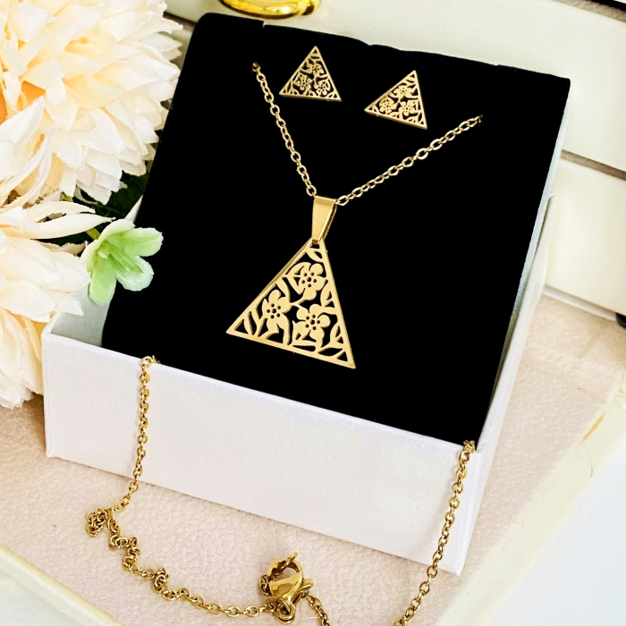Set Colier & Cercei Triunghi Floral - Otel Inoxidabil, Bijuterii Inox, Cadouri Femei [2]
