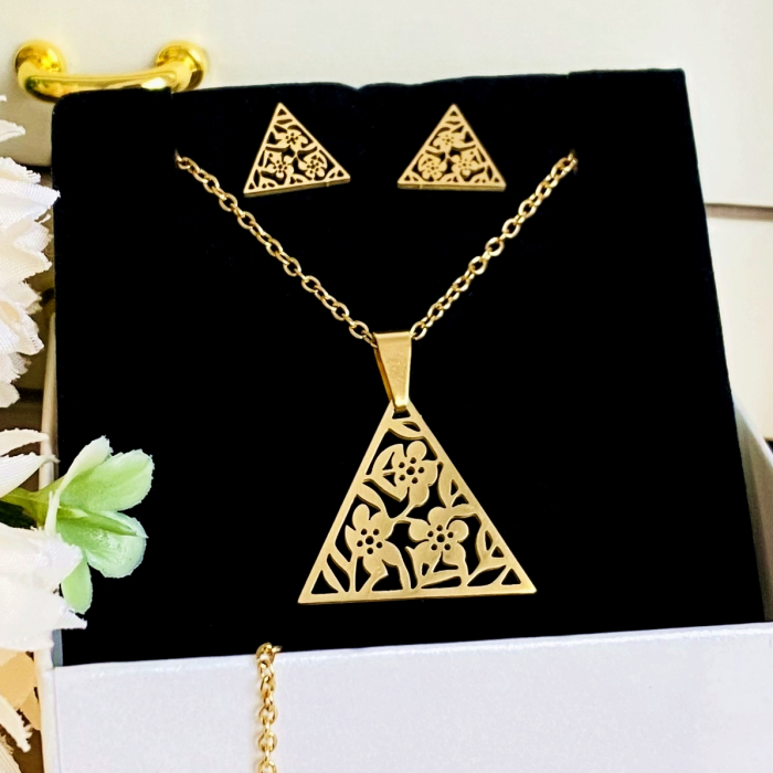 Set Colier & Cercei Triunghi Floral - Otel Inoxidabil, Bijuterii Inox, Cadouri Femei [1]