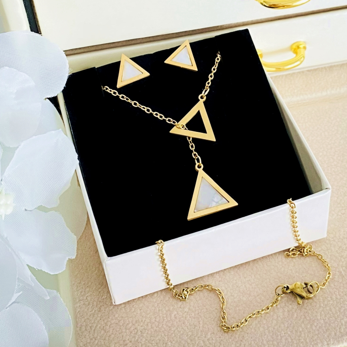 Set Colier & Cercei Triunghi Alb - Otel Inoxidabil, Bijuterii Inox, Cadouri Femei [4]