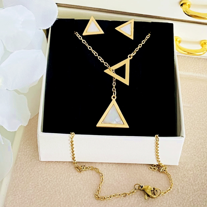 Set Colier & Cercei Triunghi Alb - Otel Inoxidabil, Bijuterii Inox, Cadouri Femei [3]