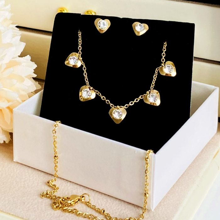 Set Colier & Cercei Inimioare Cristale - Otel Inoxidabil, Bijuterii Inox, Cadouri Femei [2]