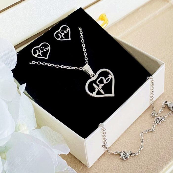 Set Colier & Cercei Inima Argintie - Otel Inoxidabil, Bijuterii Inox, Cadouri Femei [3]