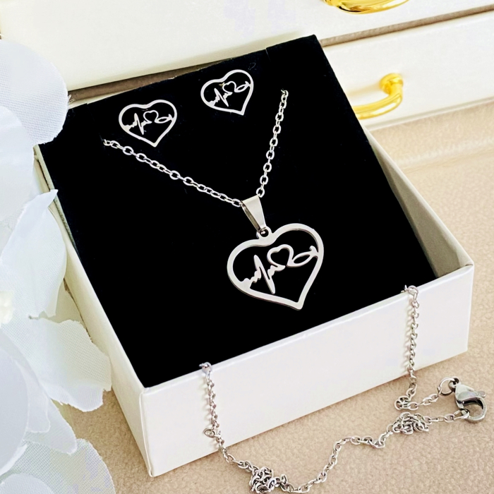 Set Colier & Cercei Inima Argintie - Otel Inoxidabil, Bijuterii Inox, Cadouri Femei [2]