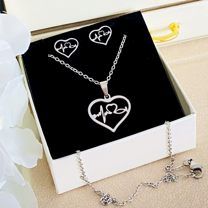Set Colier & Cercei Inima Argintie - Otel Inoxidabil, Bijuterii Inox, Cadouri Femei [4]