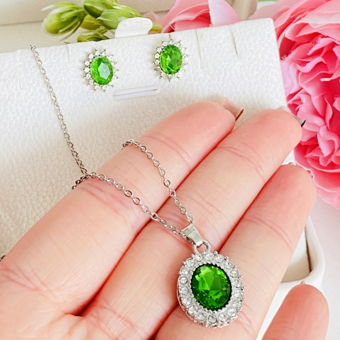 Set Colier Cercei Verde Smarald, Colier Argintiu, Coliere Dama [2]