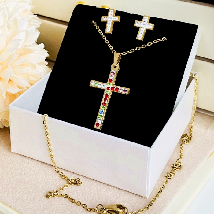 Set Colier & Cercei Cruciulite Cristale - Otel Inoxidabil, Bijuterii Inox, Cadouri Femei [2]