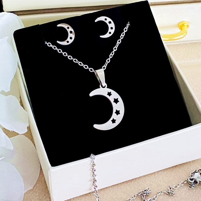 Set Colier & Cercei Luna Argintie - Otel Inoxidabil, Bijuterii Inox, Cadouri Femei [2]