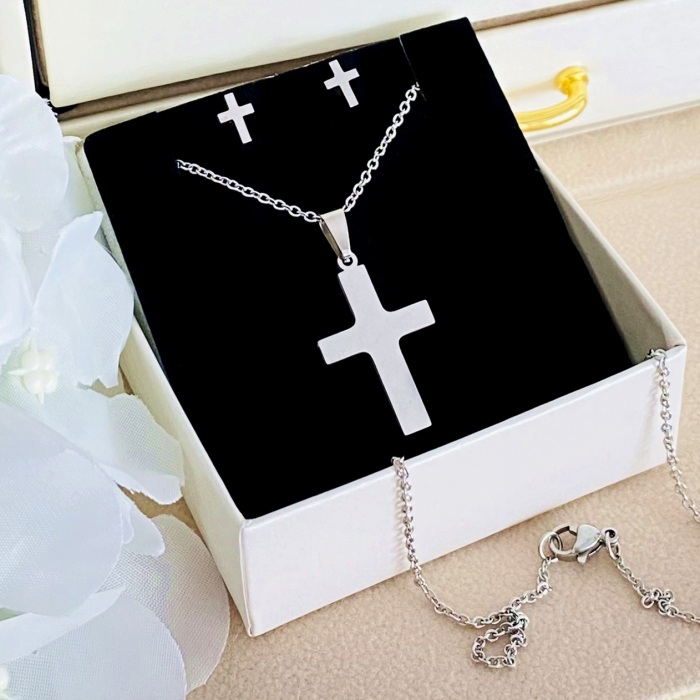 Set Colier & Cercei Cruciulite Argintii - Otel Inoxidabil, Bijuterii Inox, Cadouri Femei [2]