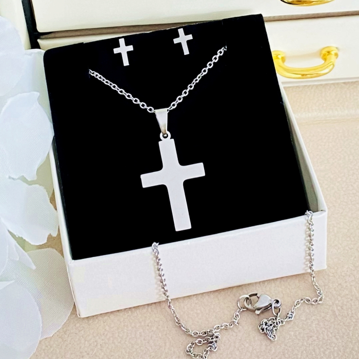 Set Colier & Cercei Cruciulite Argintii - Otel Inoxidabil, Bijuterii Inox, Cadouri Femei [3]