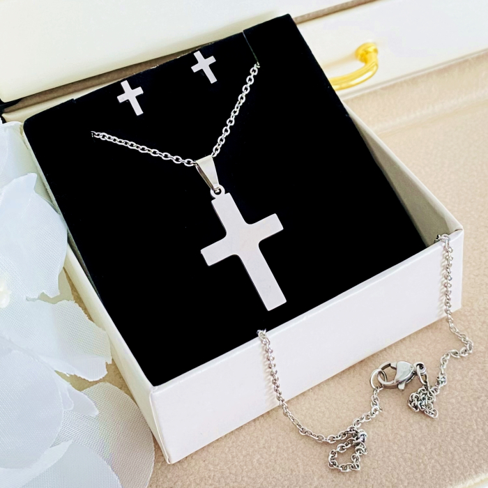 Set Colier & Cercei Cruciulite Argintii - Otel Inoxidabil, Bijuterii Inox, Cadouri Femei [4]