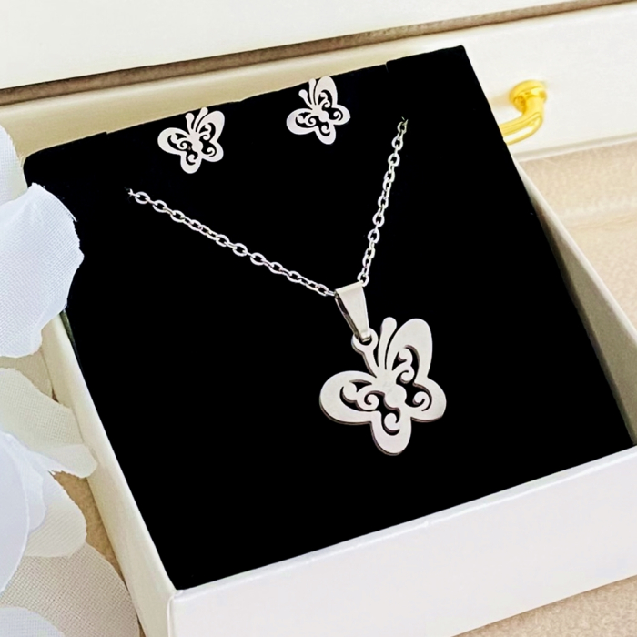 Set Colier & Cercei Fluturasi Argintii - Otel Inoxidabil, Bijuterii Inox, Cadouri Femei [2]