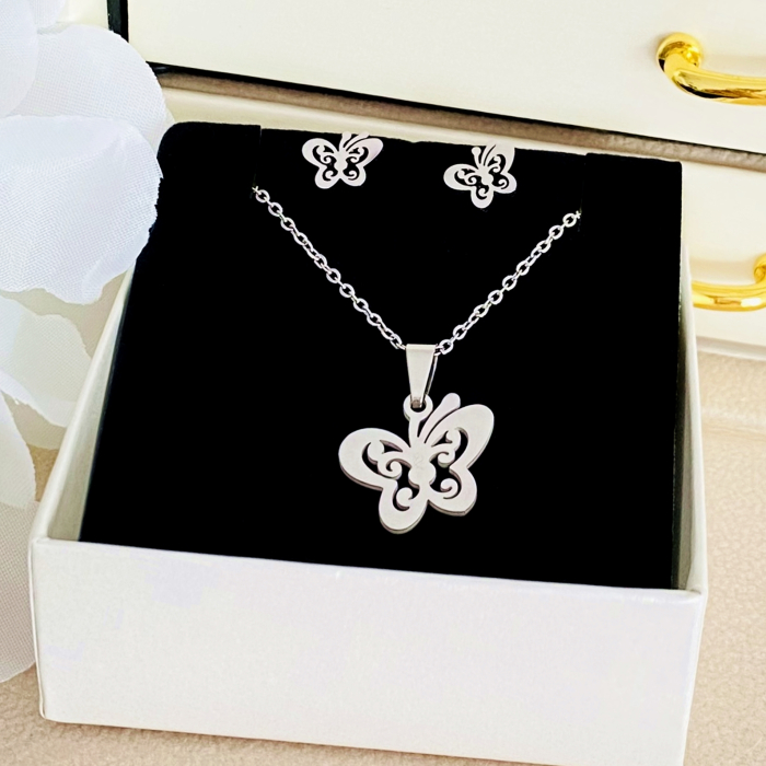 Set Colier & Cercei Fluturasi Argintii - Otel Inoxidabil, Bijuterii Inox, Cadouri Femei [3]