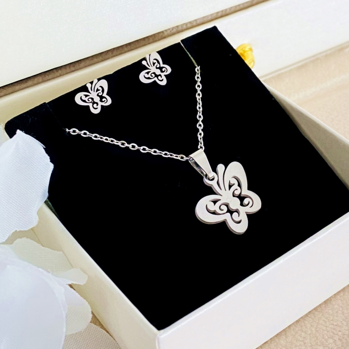 Set Colier & Cercei Fluturasi Argintii - Otel Inoxidabil, Bijuterii Inox, Cadouri Femei [5]