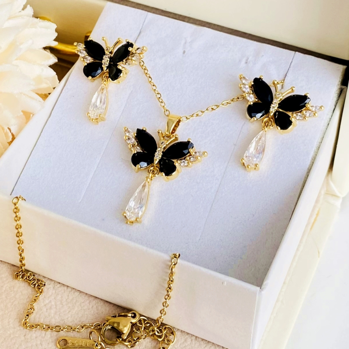 Set Colier & Cercei Fluturi Cristale Negre - Otel Inoxidabil, Bijuterii Inox, Cadouri Femei [4]