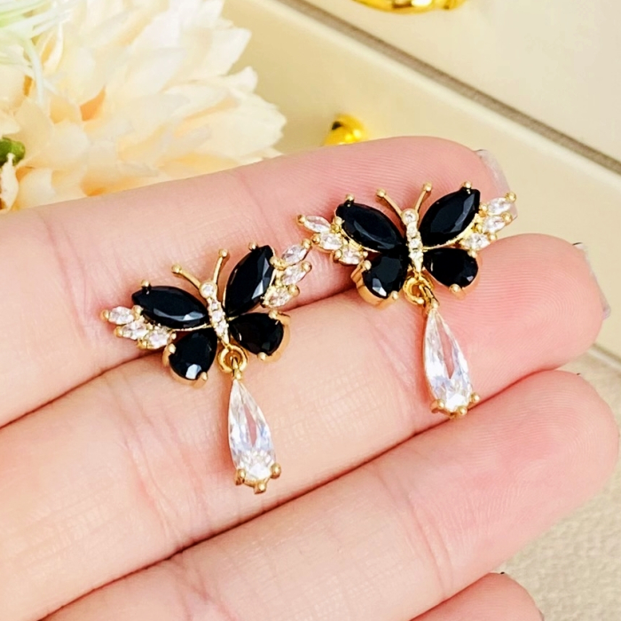 Set Colier & Cercei Fluturi Cristale Negre - Otel Inoxidabil, Bijuterii Inox, Cadouri Femei [2]