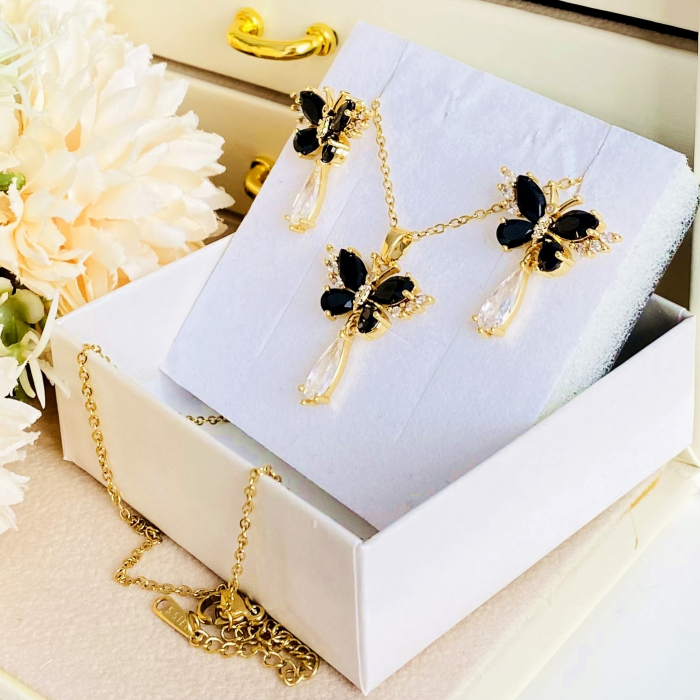Set Colier & Cercei Fluturi Cristale Negre - Otel Inoxidabil, Bijuterii Inox, Cadouri Femei [5]