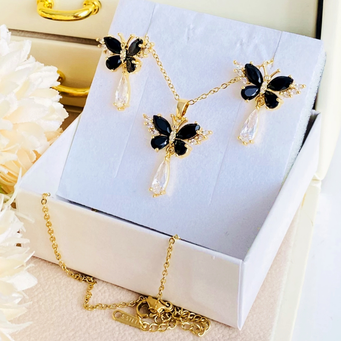 Set Colier & Cercei Fluturi Cristale Negre - Otel Inoxidabil, Bijuterii Inox, Cadouri Femei [6]