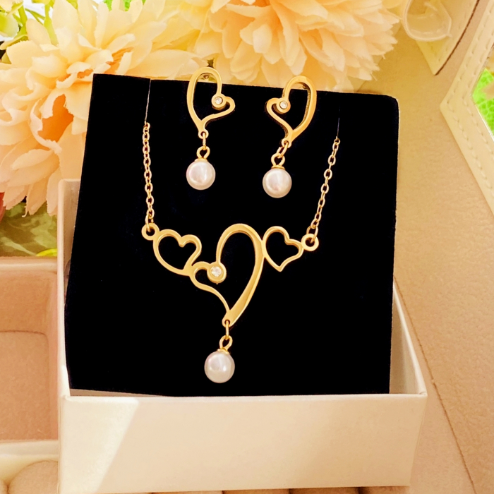 Set Colier & Cercei Inimi & Perle - Otel Inoxidabil, Bijuterii Inox, Cadouri Femei [2]