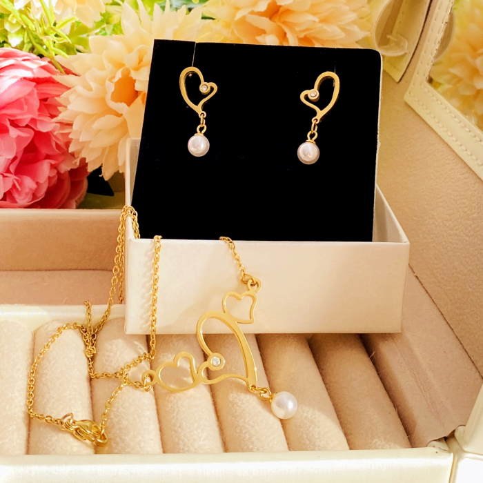 Set Colier & Cercei Inimi & Perle - Otel Inoxidabil, Bijuterii Inox, Cadouri Femei [3]