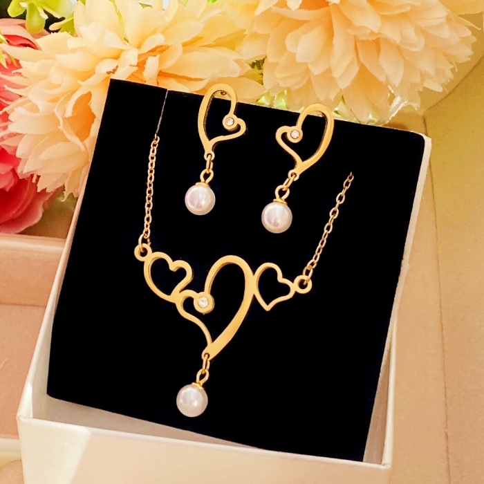 Set Colier & Cercei Inimi & Perle - Otel Inoxidabil, Bijuterii Inox, Cadouri Femei [4]