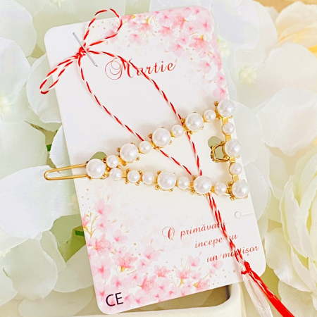 Martisor Agrafa de Par Triunghi Perle, Agrafa de Par, Accesorii Par, Clama metal [2]