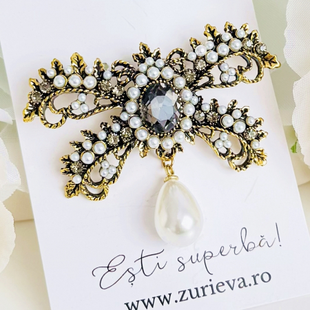 Brosa Funda Perle Cristale - Auriu, Brosa Dama Femei, Brose Statement [3]