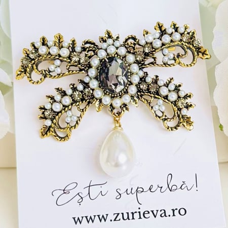 BIJUTERII - Brosa Funda Perle Cristale - Auriu, Brosa Dama Femei, Brose Statement