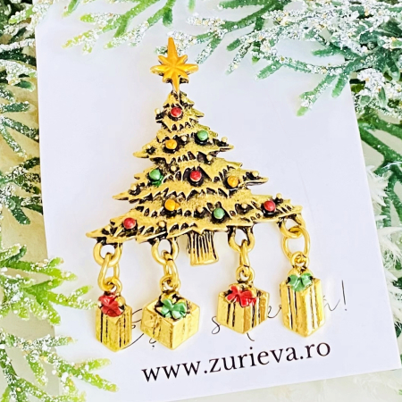 Brosa Brad Craciun Auriu - Craciun, Brosa Statement, Brose Femei [3]