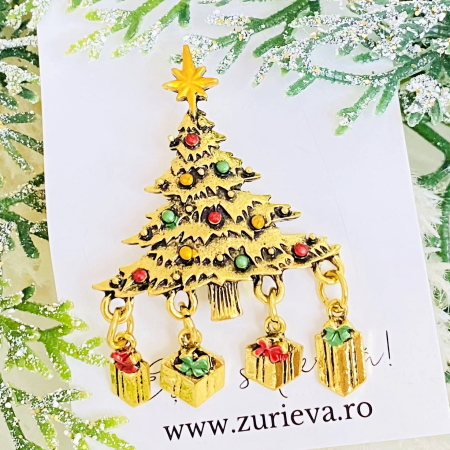 BROSE - Brosa Brad Craciun Auriu - Craciun, Brosa Statement, Brose Femei