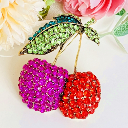 Brosa Cirese Cristale Roz Rosii, Brosa Dama Femei