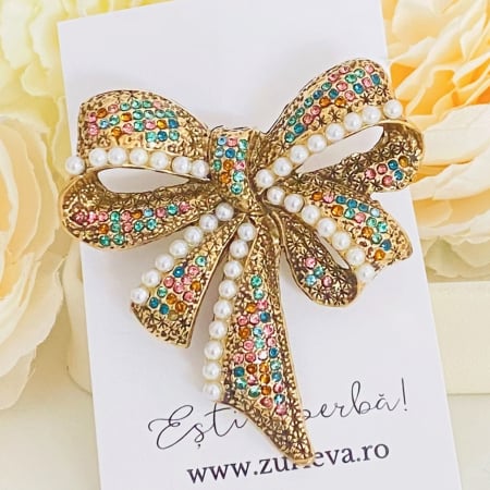 BIJUTERII - Brosa Funda Cristale Colorate & Perle, Brose Dama, Brose Mari Elegante