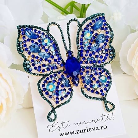 BIJUTERII - Brosa Statement Fluture Cristale Albastre, Brosa Dama, Brose Elegante